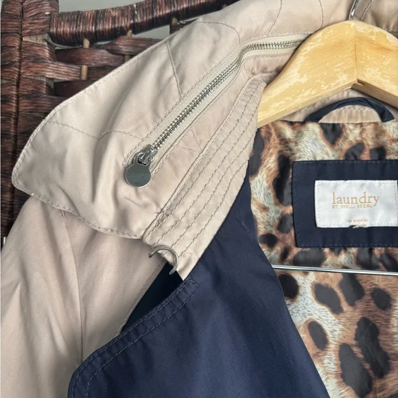 Laundry By Shelli Segal Navy & Tan Colorblock Trench Coat Leopard Lining Small - Picture 5 of 14
